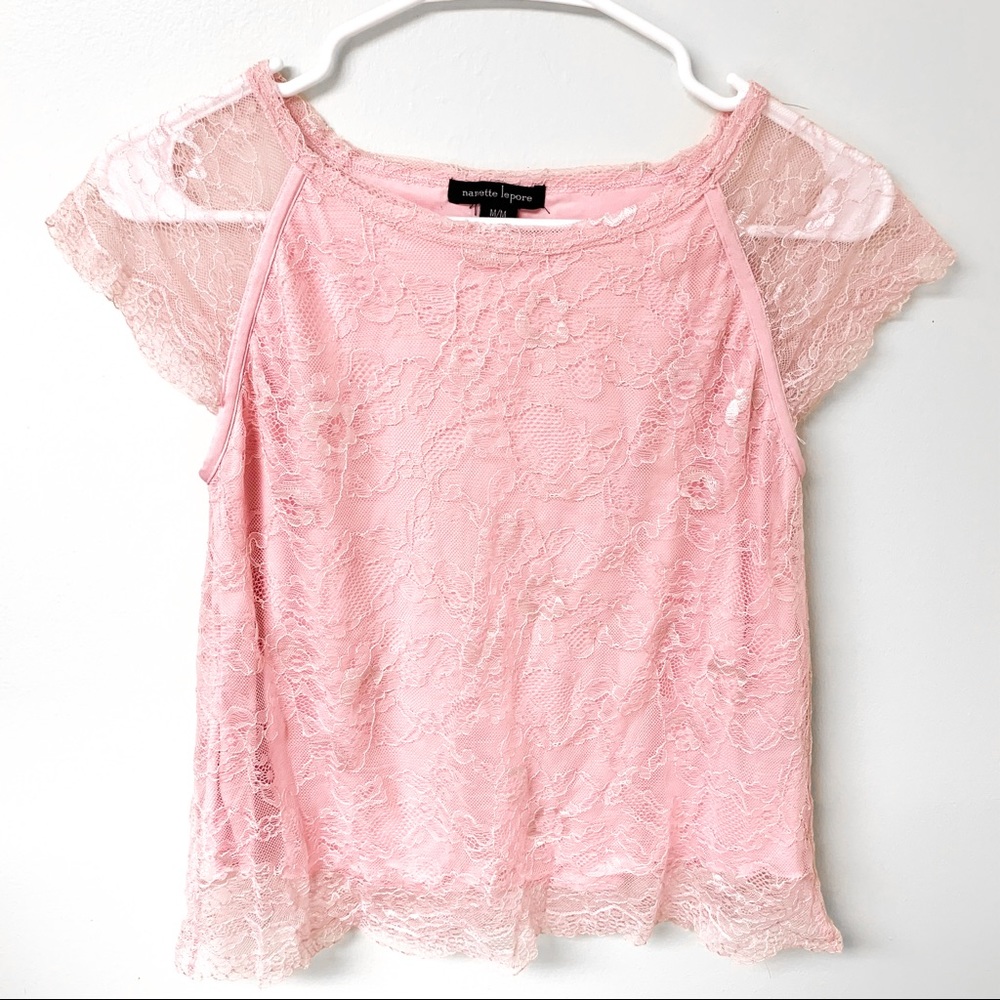 Nanette Lepore Pink‎ Y2K Lace Overlay Cropped Babydoll Shirt Size Medium